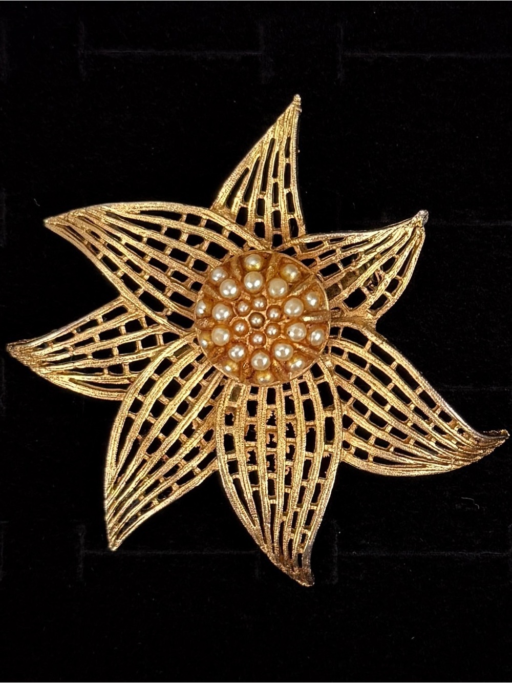 Vintage Gold Tone Openwork Flower Brooch Faux Pearl Filigree Pin